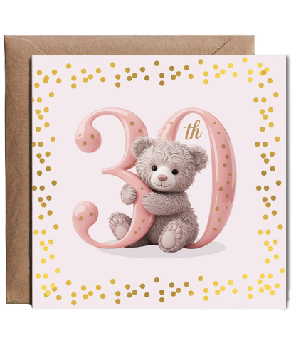Elegant Happy Birthday 30th pink bear fake glitter effect