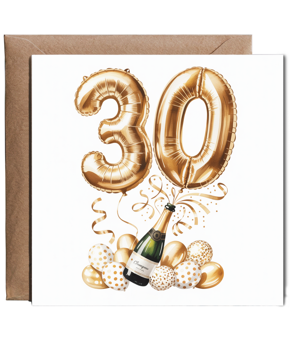 Golden 30th Balloon Birthday Card Celebrating Family and Friends