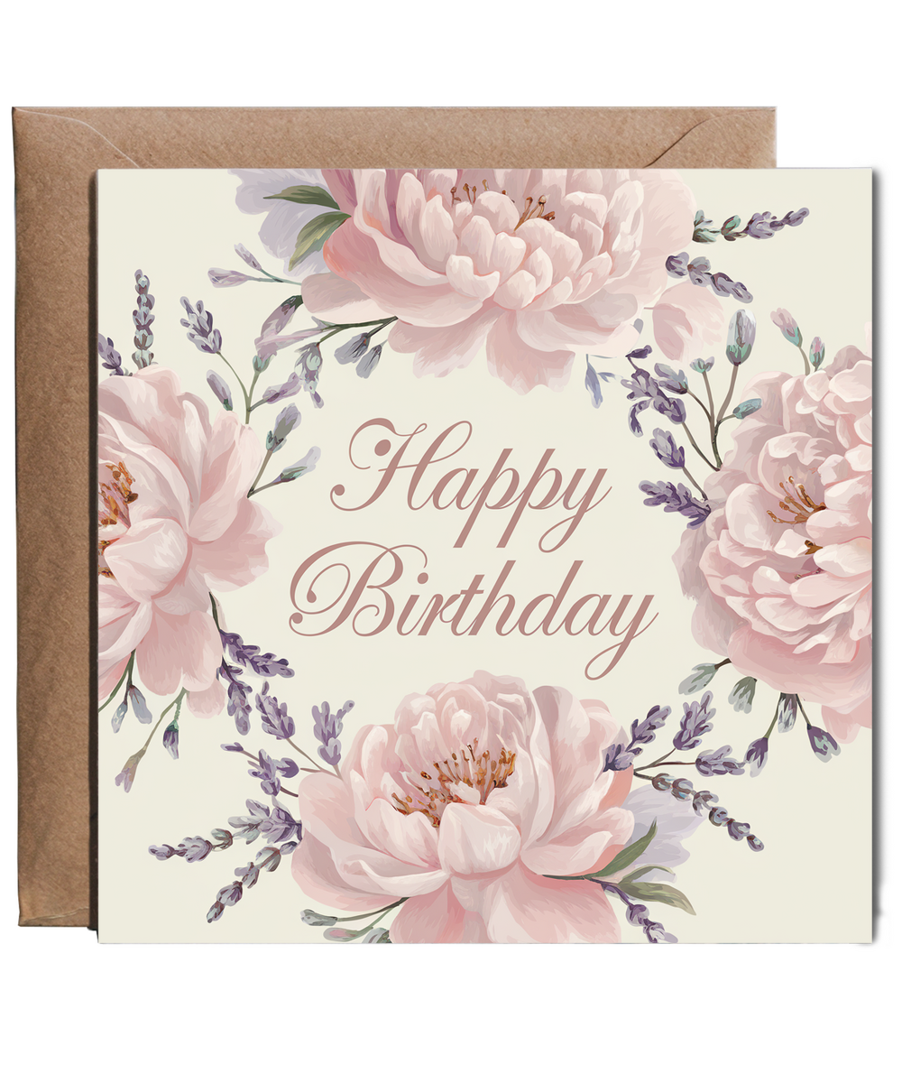 Happy Birthday Card Pink Peonies Lavender for her woman girl