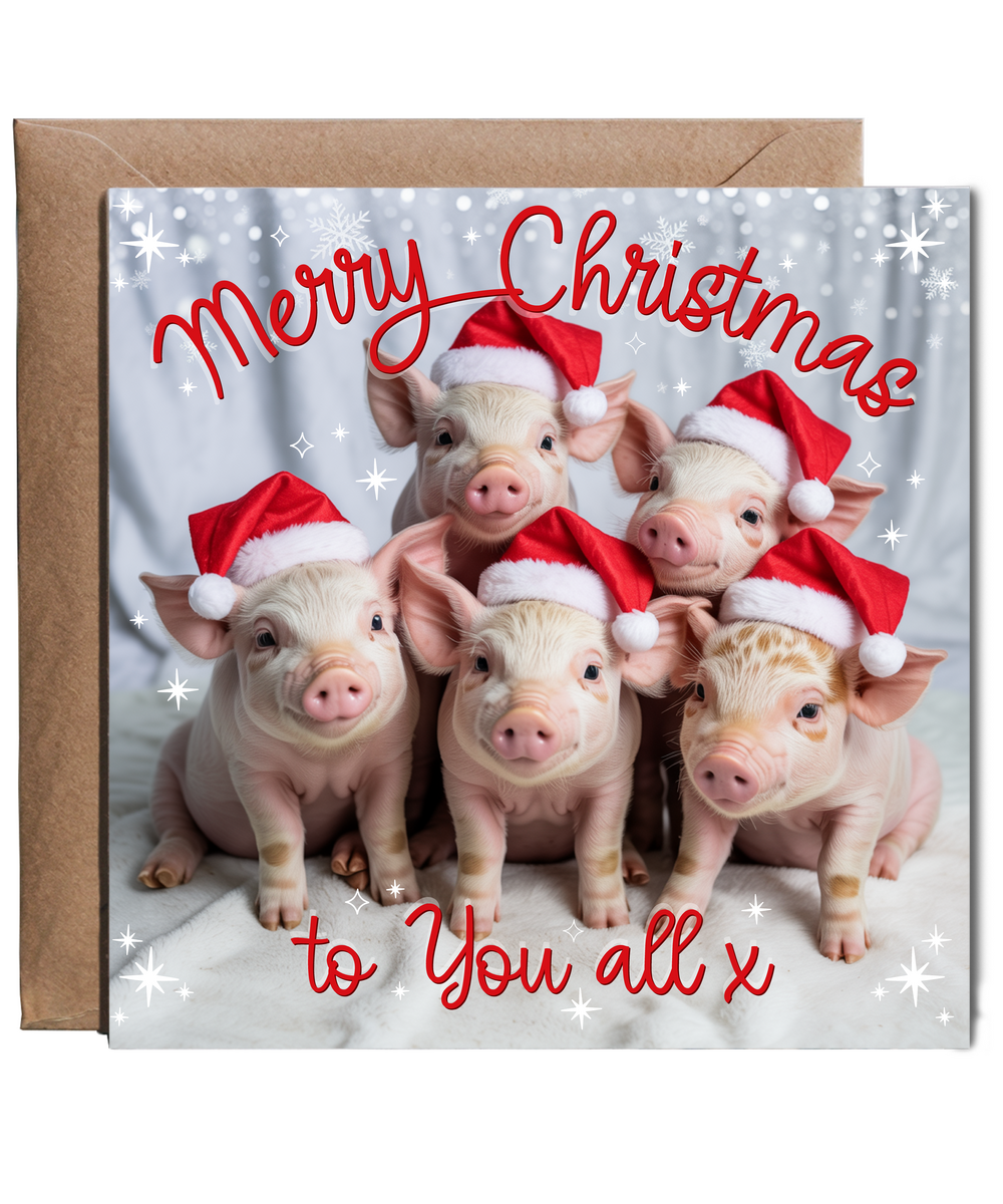 Fun Family Merry Christmas Card to You All Baby Piglets in Santa Hats