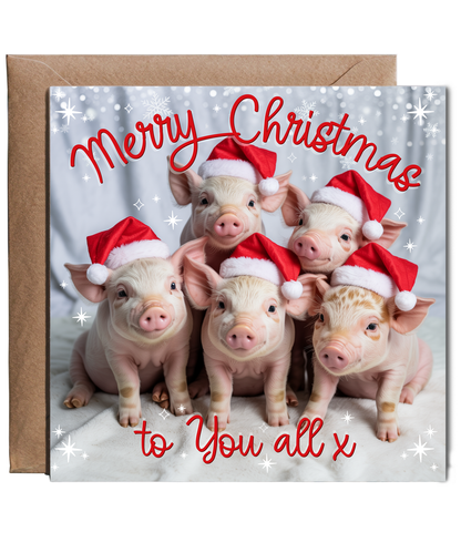 Fun Family Merry Christmas Card to You All Baby Piglets in Santa Hats