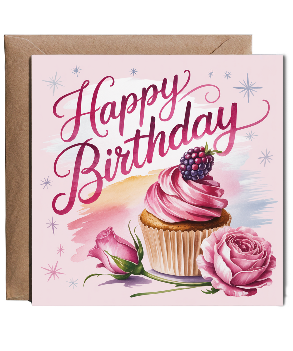 Birthday Card with Pink Rasberry Cupcake and Roses