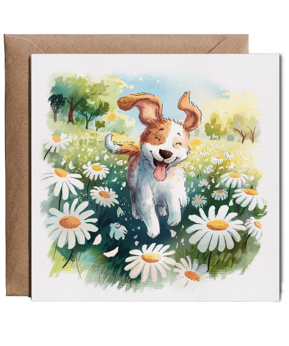 Adorable Watercolour Puppy Card Among the Daisies