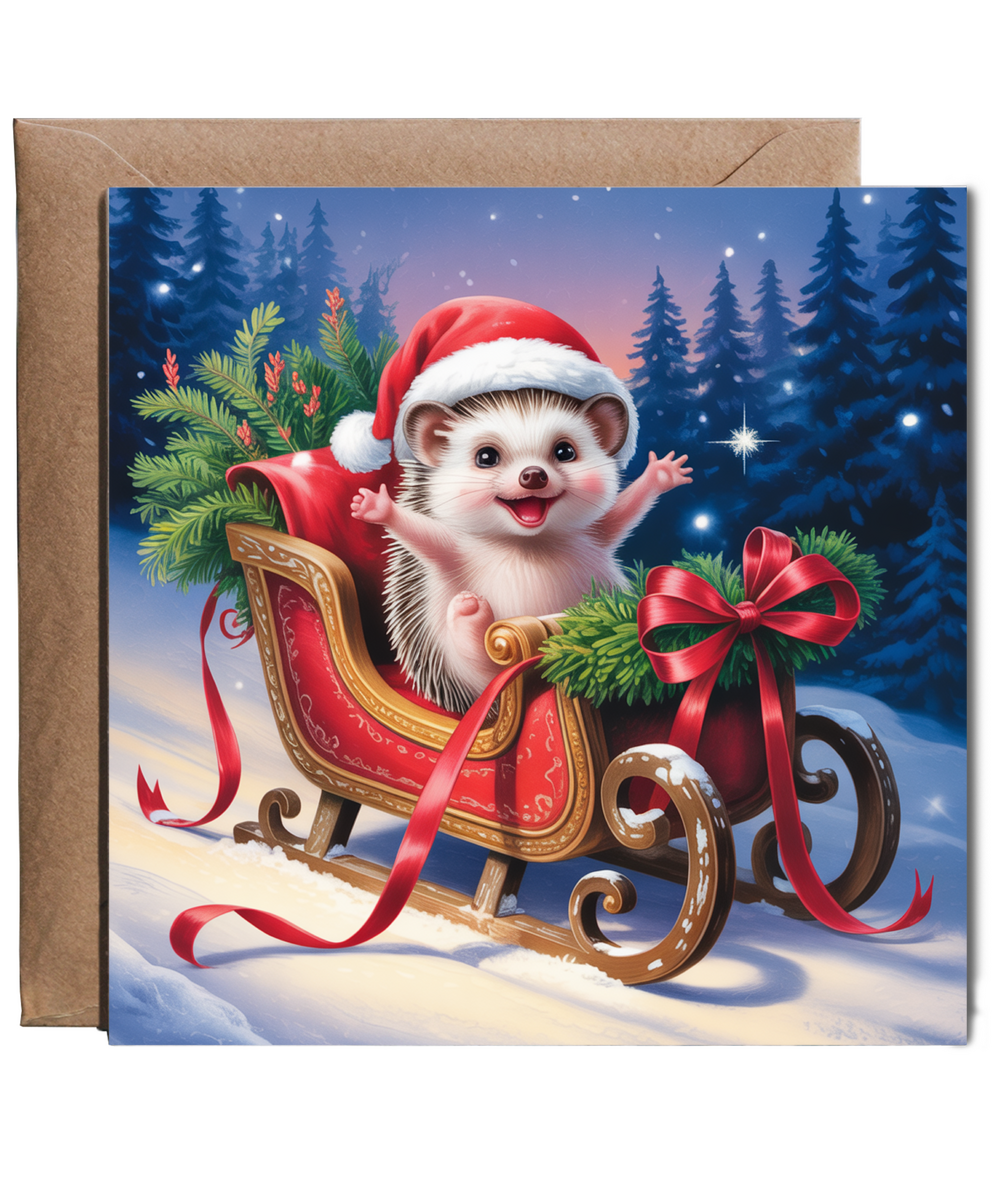 Cute Baby Hedgehog in Santas Sleigh Christmas Card Adorable Festive Greeting