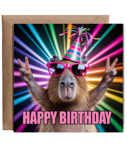 Funny Happy Birthday Card Silly Rave Party Capybara for Family and Friends