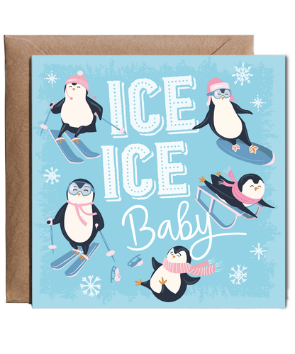 Fun Christmas Card Penguins Playing on Ice Baby