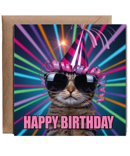 Funny Pet Happy Birthday Card Silly Rave Party Cat for Family and Friends