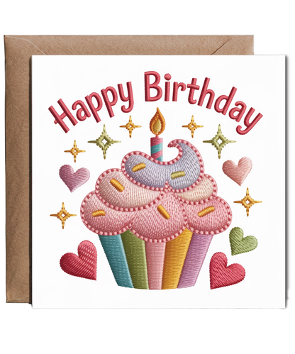 Embroidered style happy birthday cupcake