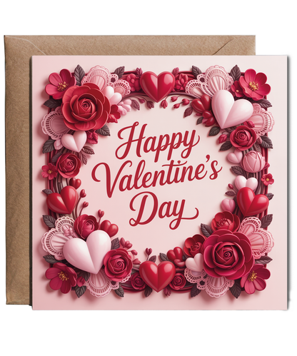 Romantic Valentines Day Card Red Hearts and Red Roses in Dimensional Style