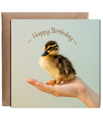Happy Birthday card duckling in hand pastel