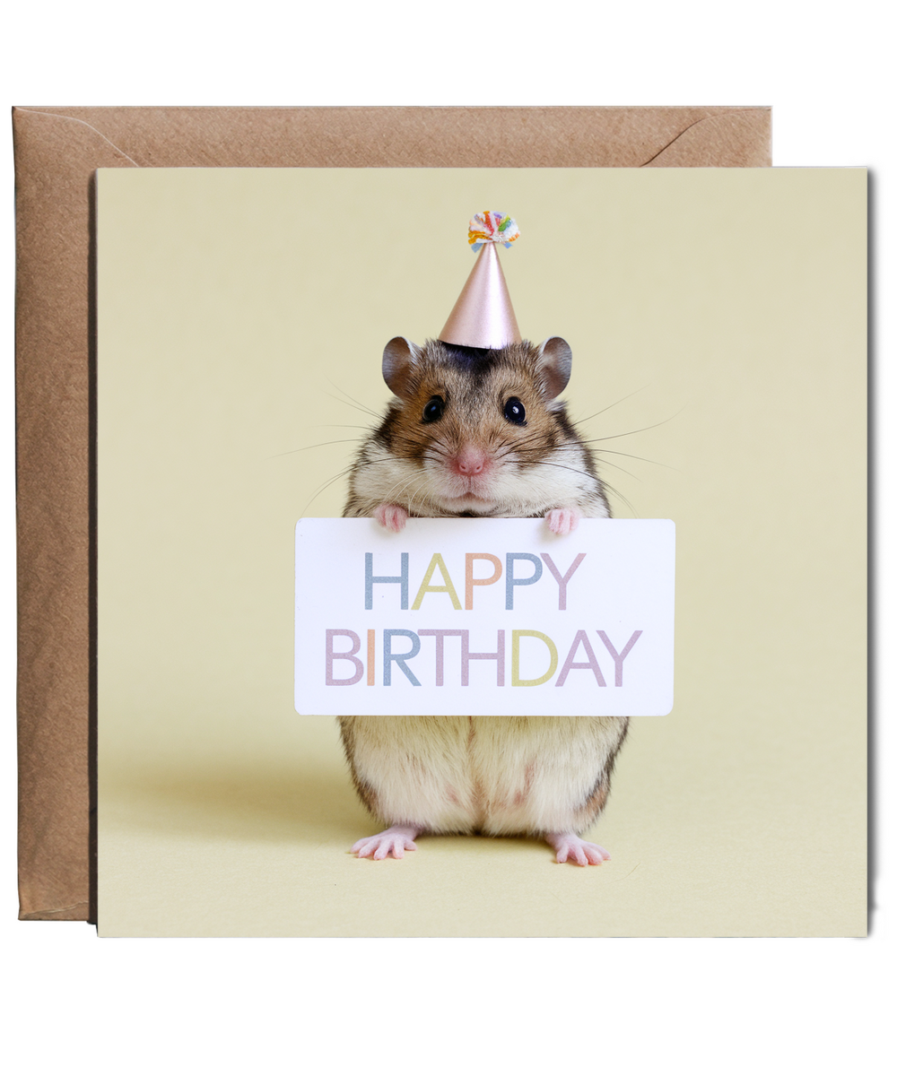 Happy Birthday card hamster cute pastel yellow