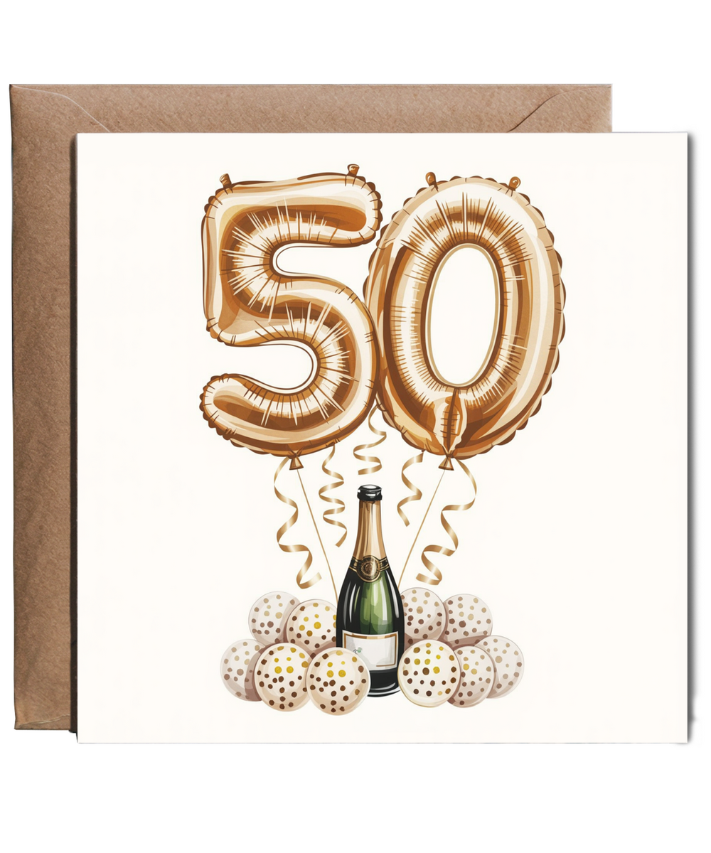 Golden 50th Balloon Birthday Card Celebrating Family and Friends