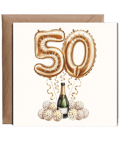 Golden 50th Balloon Birthday Card Celebrating Family and Friends