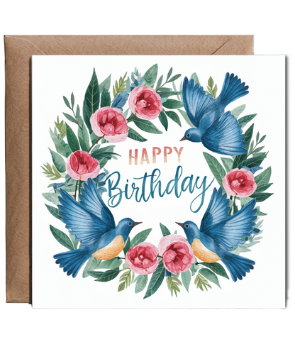 Blue Bird Birthday Card with Botanical Wreath for Mum Nana Grandma