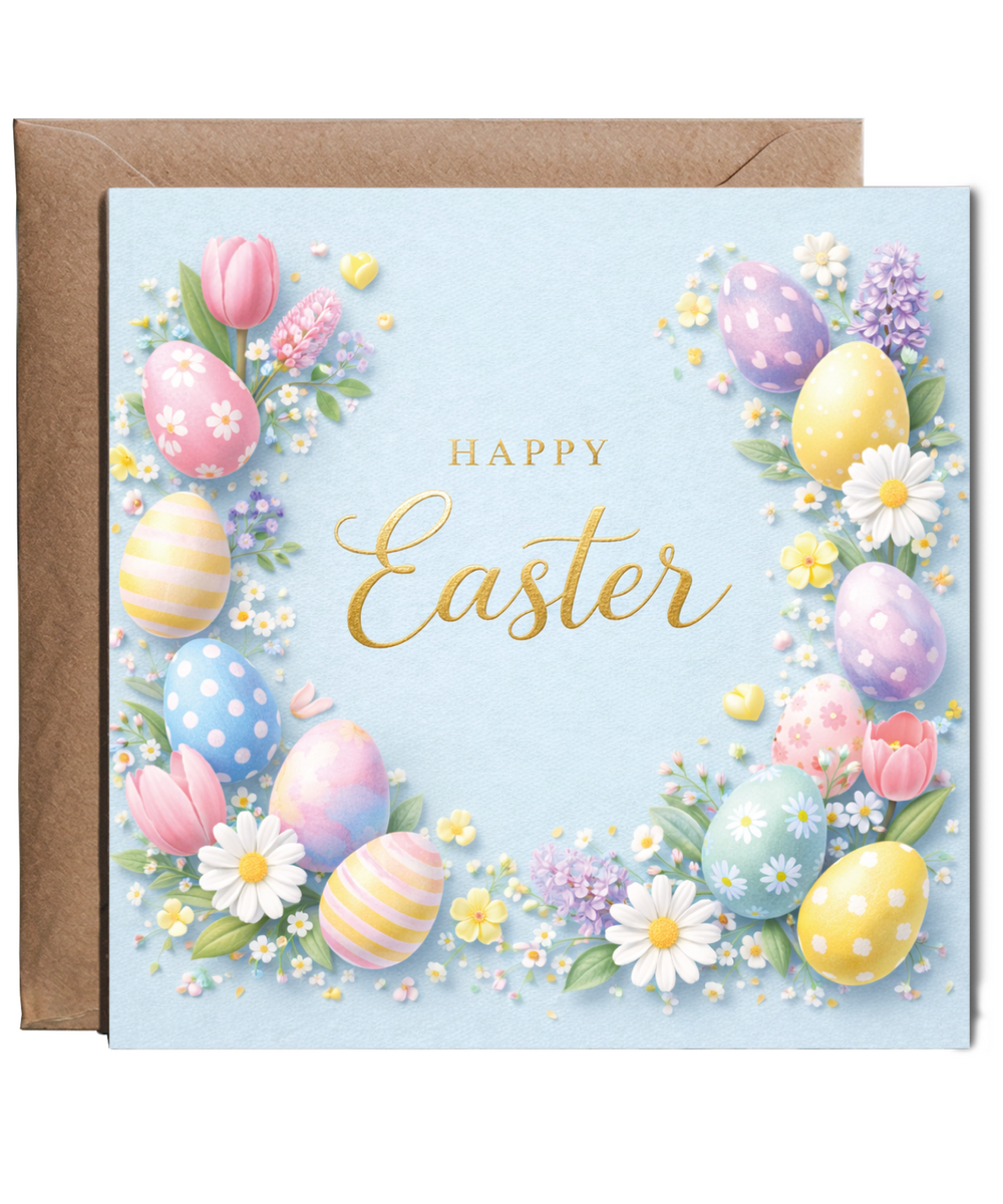 Happy Easter Card Beautiful Spring Blooms and Pastel Eggs with Dimension Effect