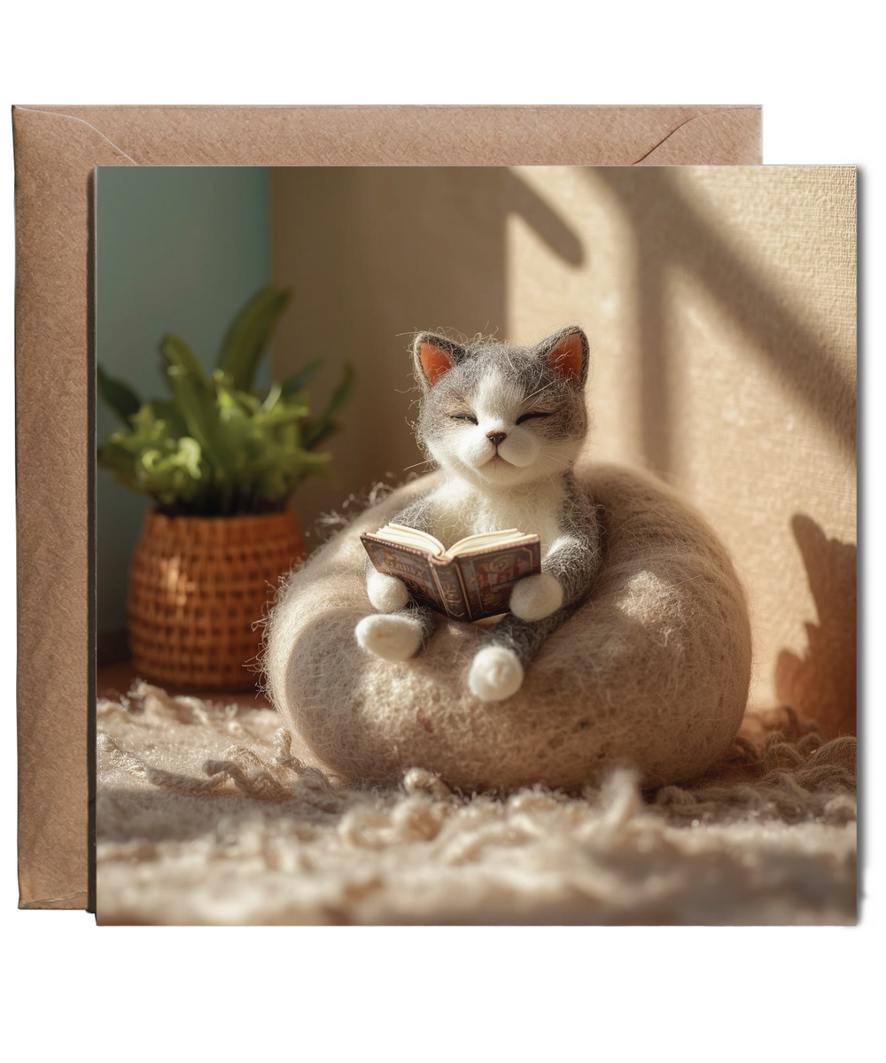 2D felt style cat reading cosy