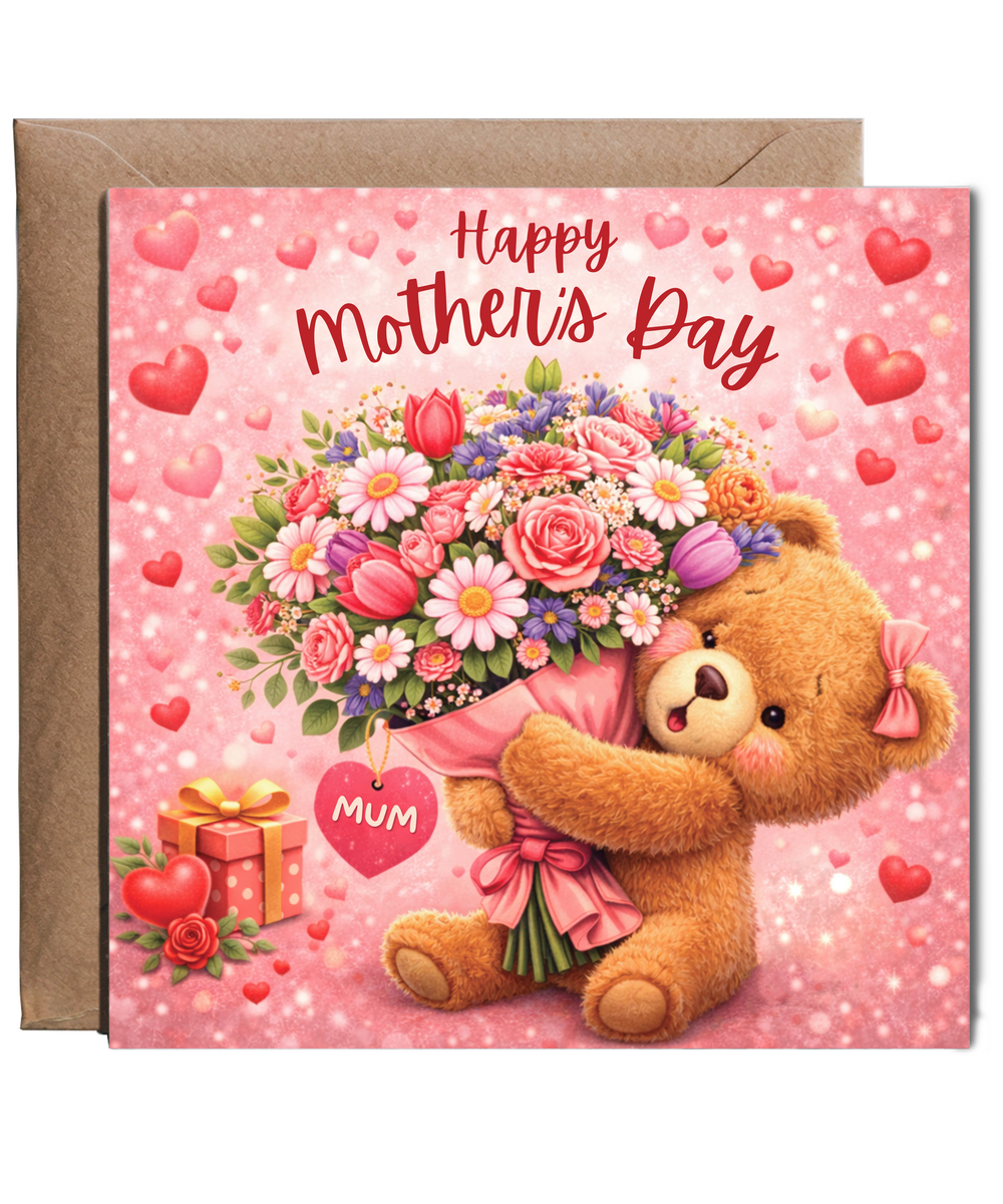 Happy Mother's Day adorable teddy bear holding flowers