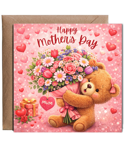 Happy Mother's Day adorable teddy bear holding flowers