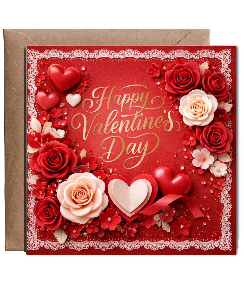 Romantic Valentines Day Card for Girlfriend or Wife 2D Elegant Floral Roses