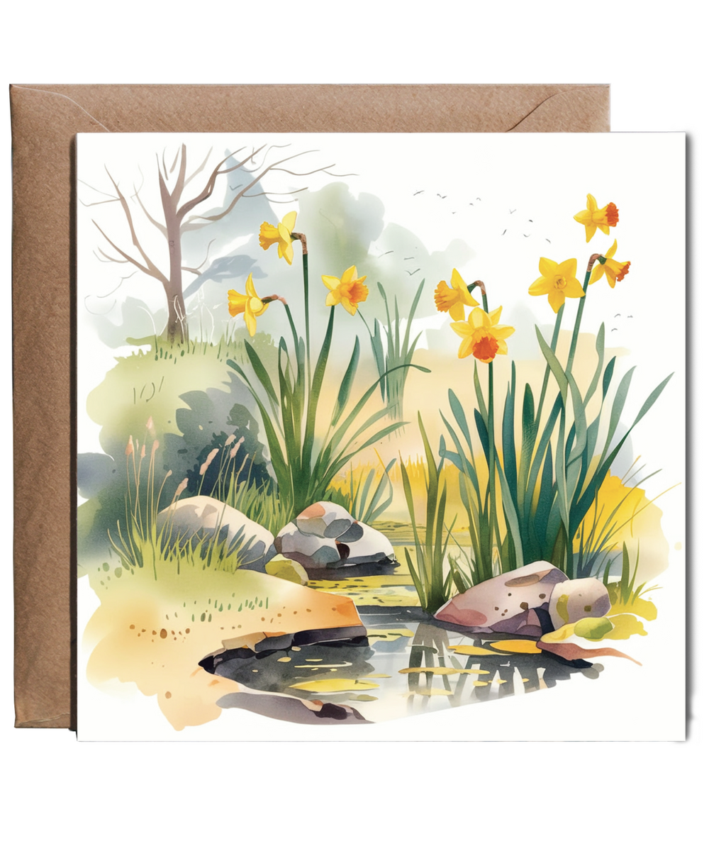 water colour scenery of daffodils and pond