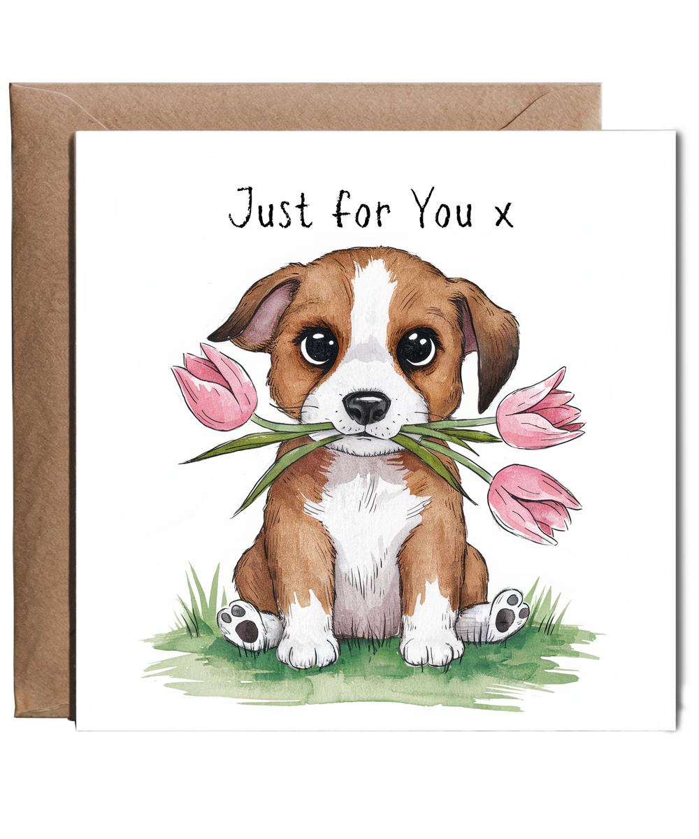 Adorable Watercolour Puppy Card with Tulips Just for You x