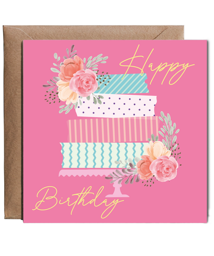 Happy Birthday Card for Her Blossom Garden Party Birthday Cake in Pastels