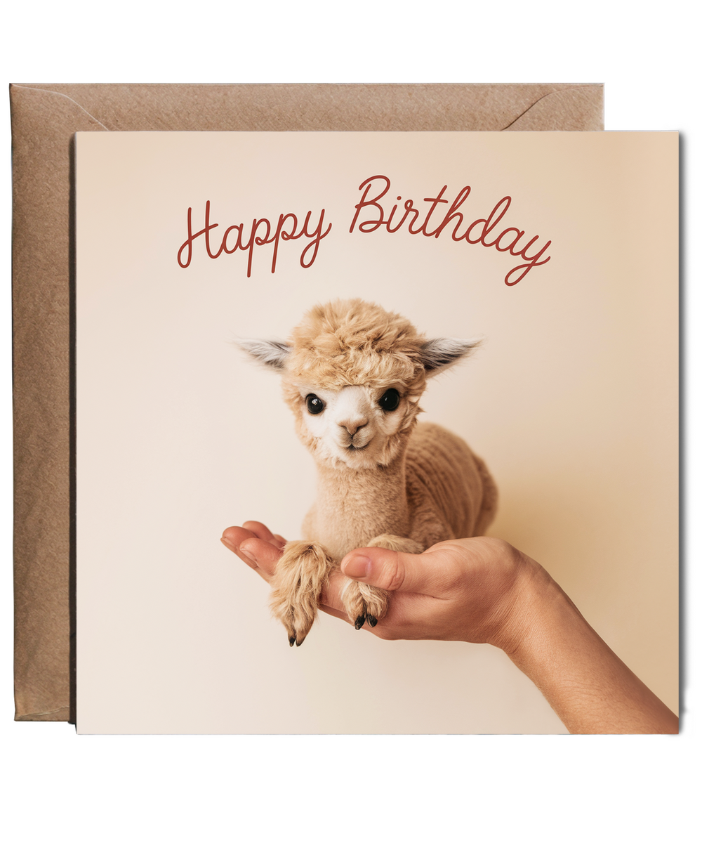 Happy Birthday card alpaca in hand cute pastel colour