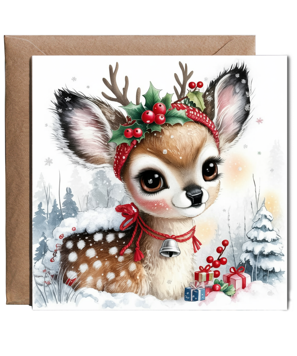 Vintage Style Baby Deer Illustration Christmas Card in Winter Wonderland