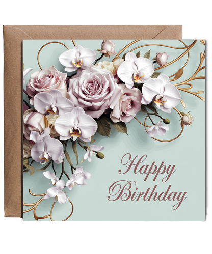 Happy Birthday Card for Woman Her delecate Orchids Roses