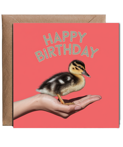 Happy Birthday card duck in hand cute coral