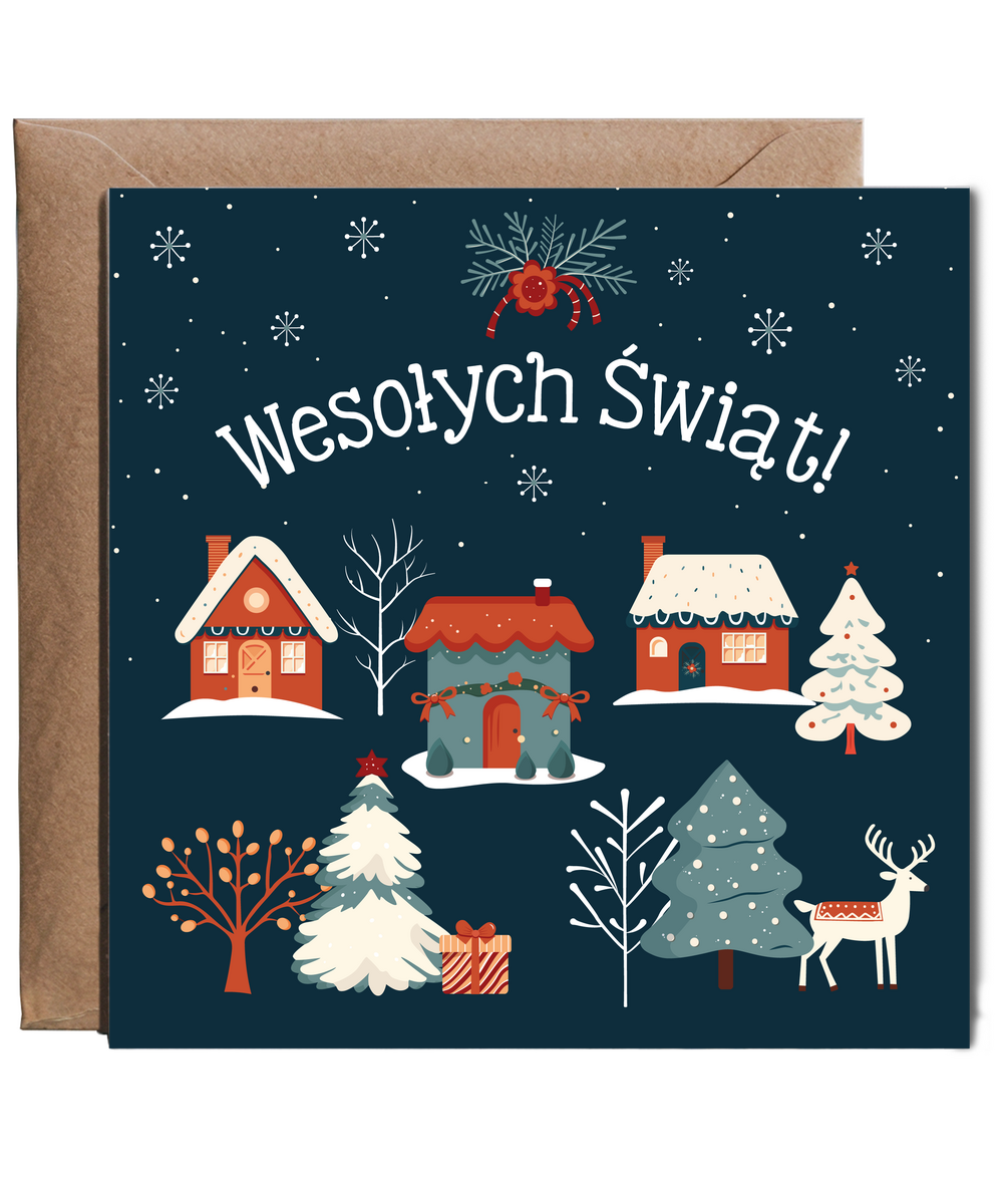 Polish Merry Christmas Card for Family and Friends Wesolych Swiat Village on Christmas Eve