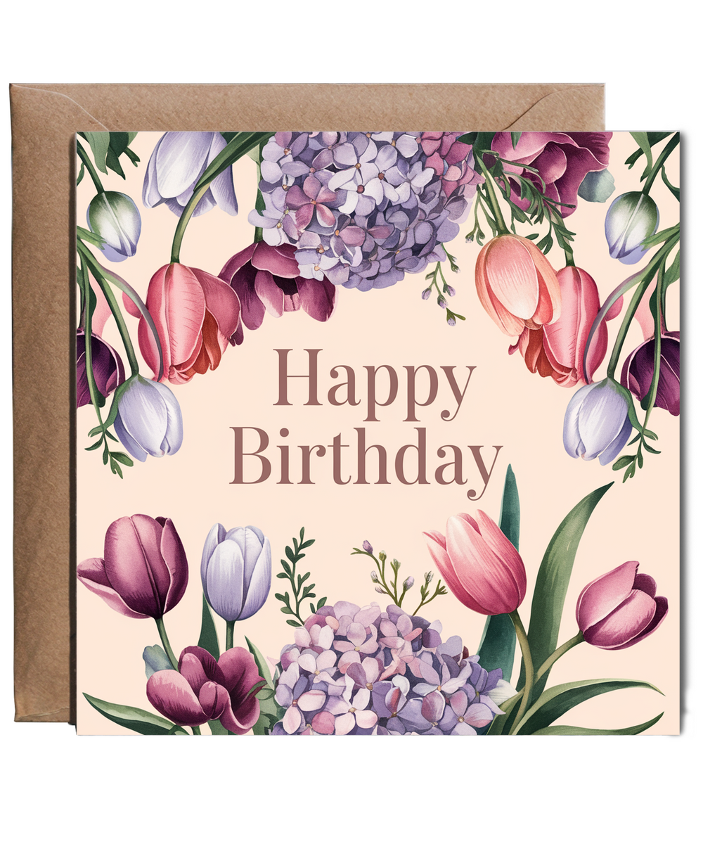 Happy Birthday Card Tulips hydrangeas for Her Mum Grandma