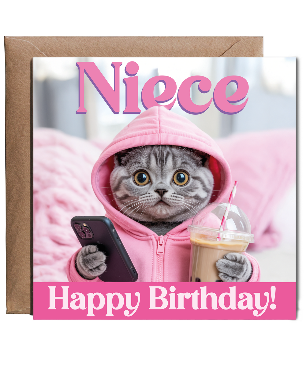Funny Niece Birthday Card with Cute Trendy Boba Tea Cat