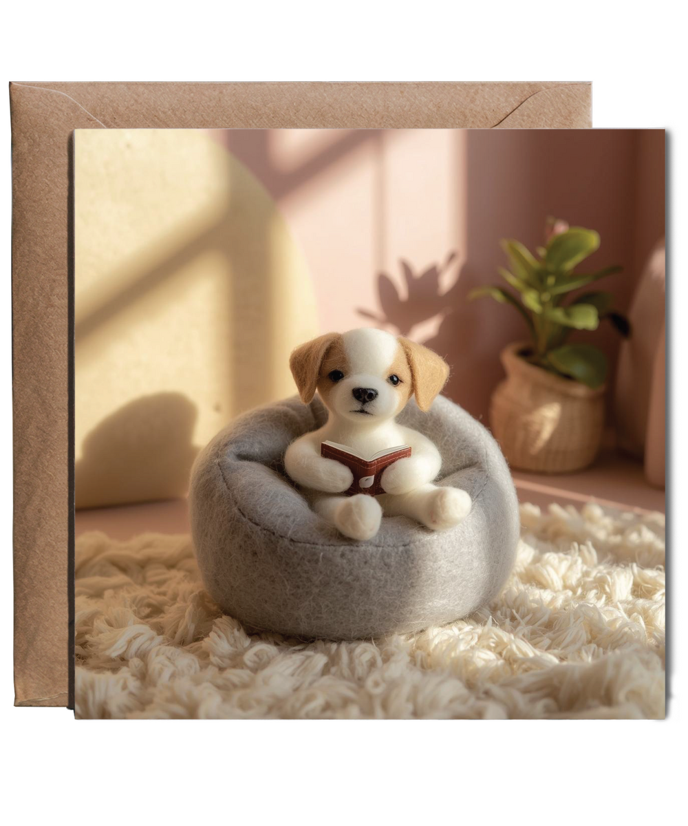 2D felt style dog reading on a beanbag