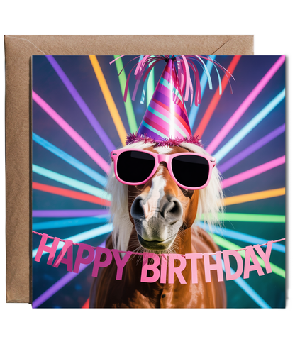 Funny Happy Birthday Card Silly Rave Party Horse for Family and Friends