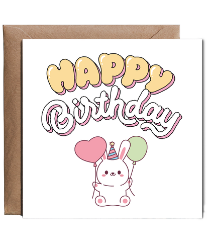 Balloon Bunny Birthday Card Pastel Kawaii Cartoon