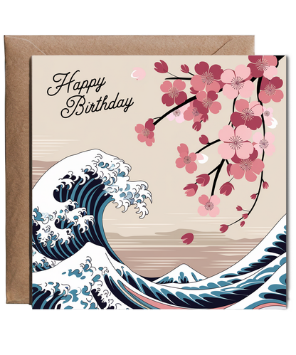 Happy Birthday Card wave pattern and cherry blossoms Hokusai inspired