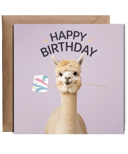 Happy Birthday card cute alpaca llama pastel lavender