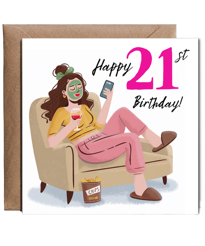 Happy 21st Birthday Card for a Glamorous Relaxed Self Care Queen