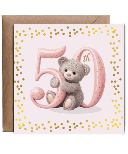 Elegant Happy Birthday 50th pink bear fake glitter effect