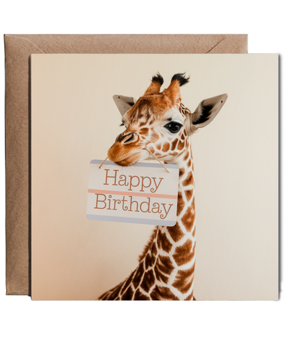 Happy Birthday card giraffe holding sign