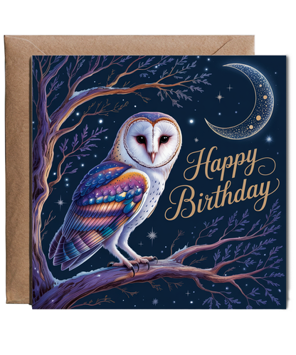 Happy Birthday Card Magical Night Owl and Celestial Crescent Moon