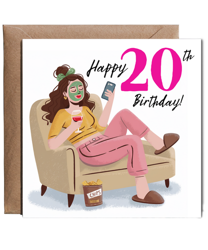 Happy 20th Birthday Card for a Glamorous Relaxed Self Care Queen