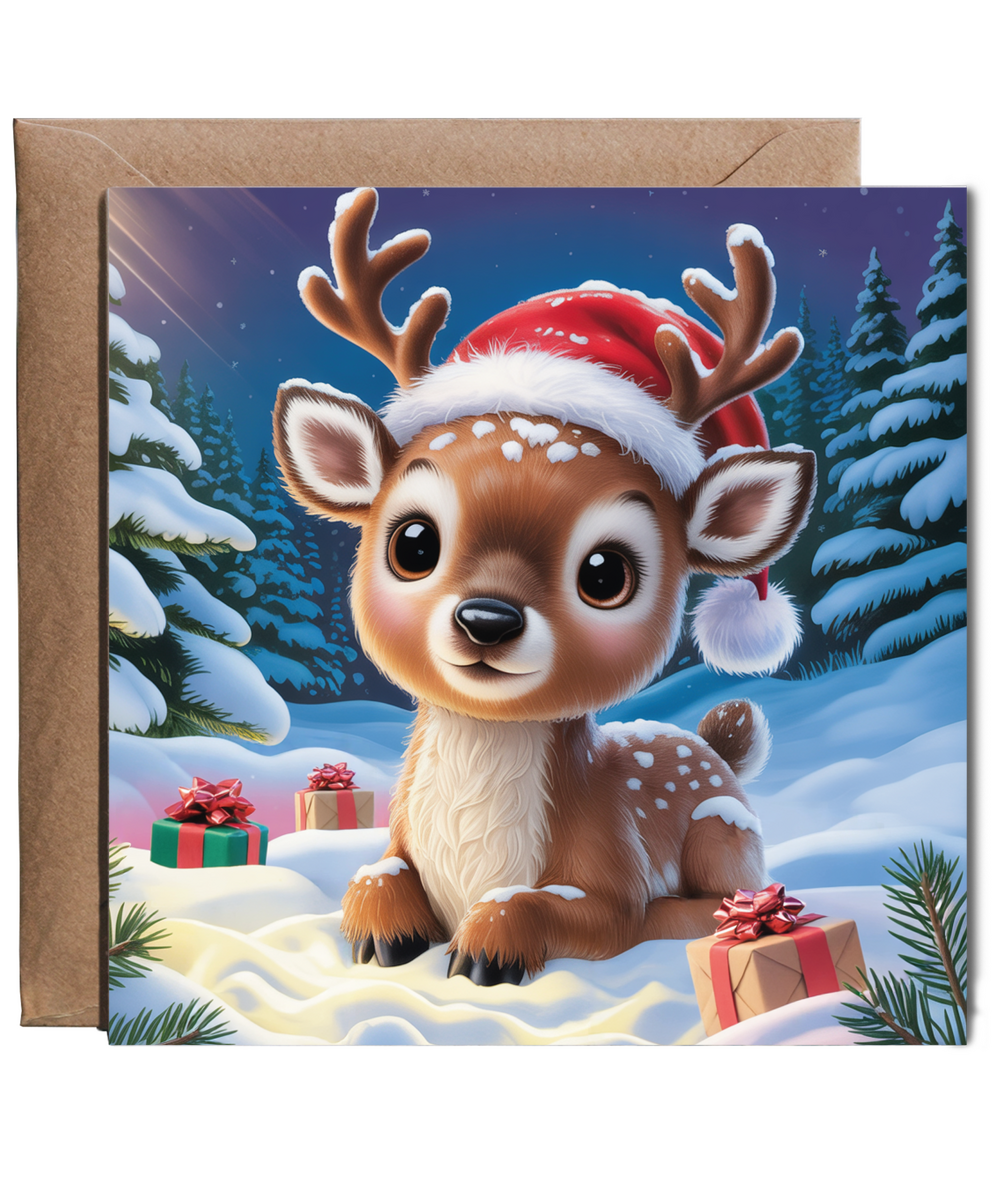 Santas Little Helper Baby Deer Christmas Card Adorable Winter Scene