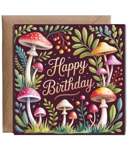 Happy Birthday Card with Auntumnal Forest Mushrooms
