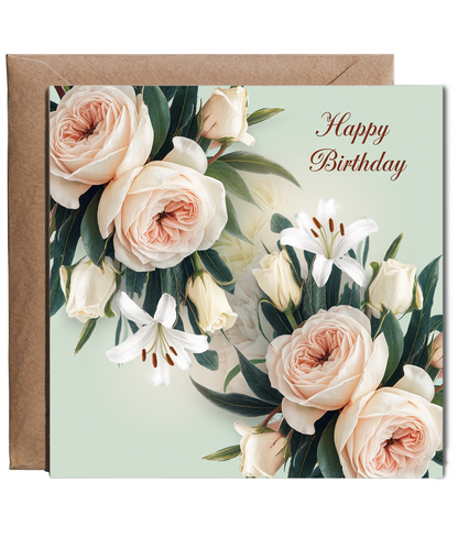 Happy Birthday Card for her Wild Roses and White Lilies