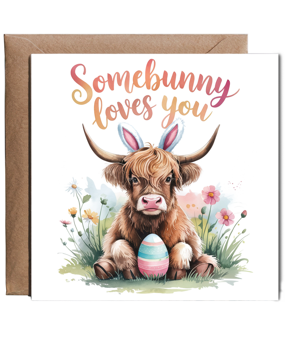 Happy Easter card somebunny loves you highland cow
