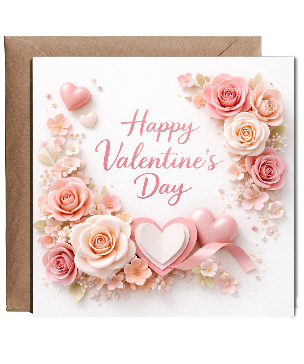 Happy Valentines Day Card 2D Pearls Hearts and Roses for Her