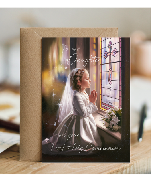 Girls First Holy Communion Card to Our Daughter Special Day