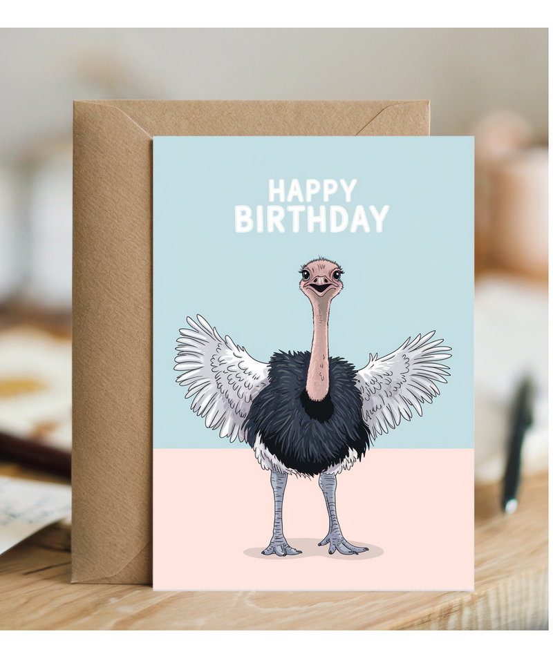 Birthday Card Ostrich cute with wings